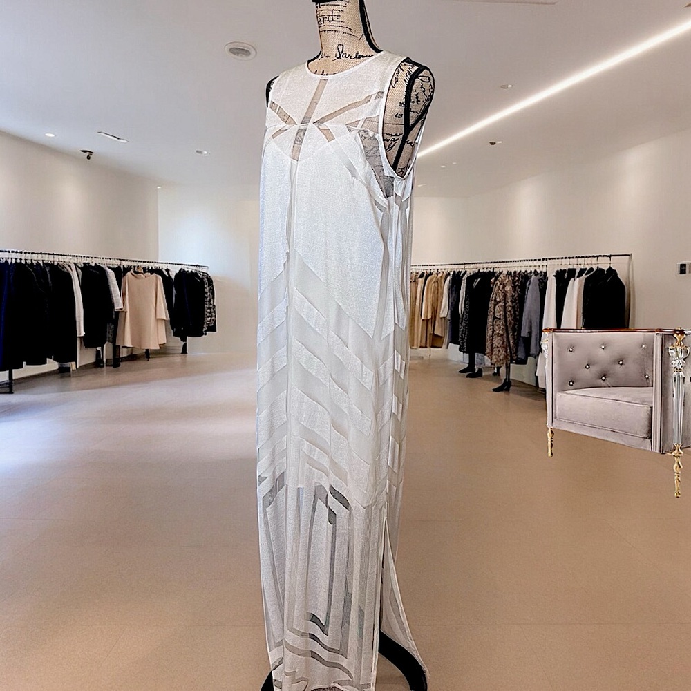 NEW French Connection Column Maxi Geometric Semi-Sheer Dress with Slip-L/10